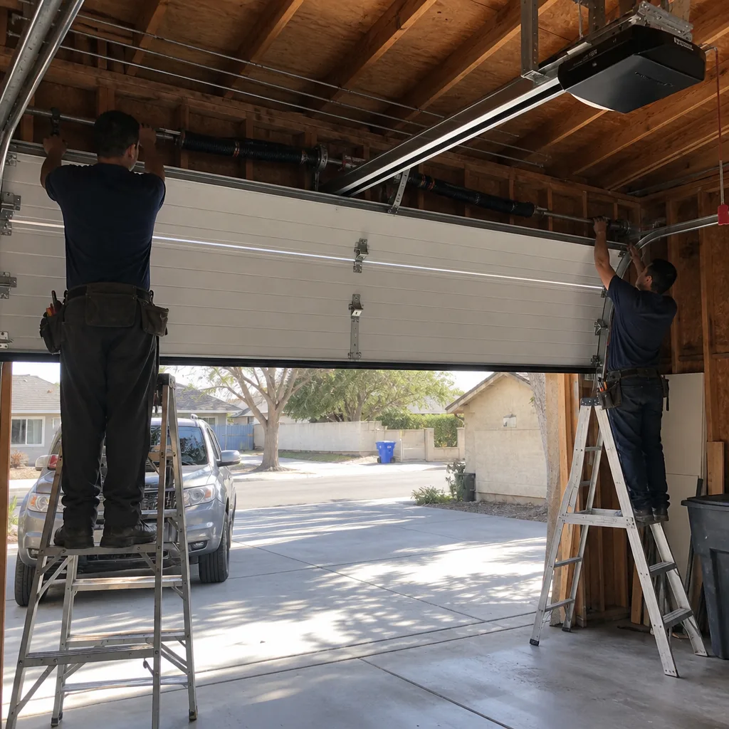 Two professional technicians installing a commercial garage door system on ladders