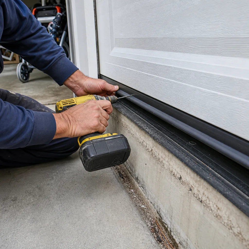 Technician installing rubber weather seal on garage door with power drill
