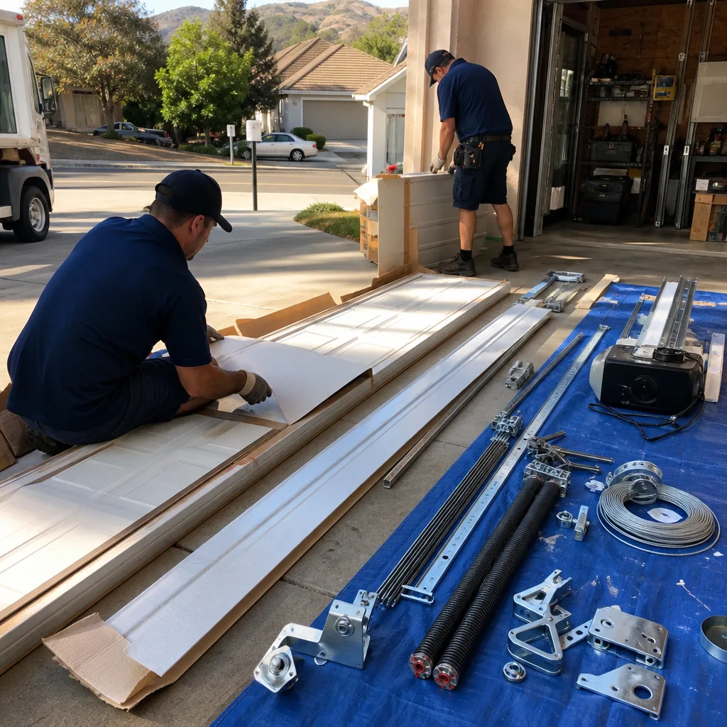 Two technicians preparing materials for professional garage door installation