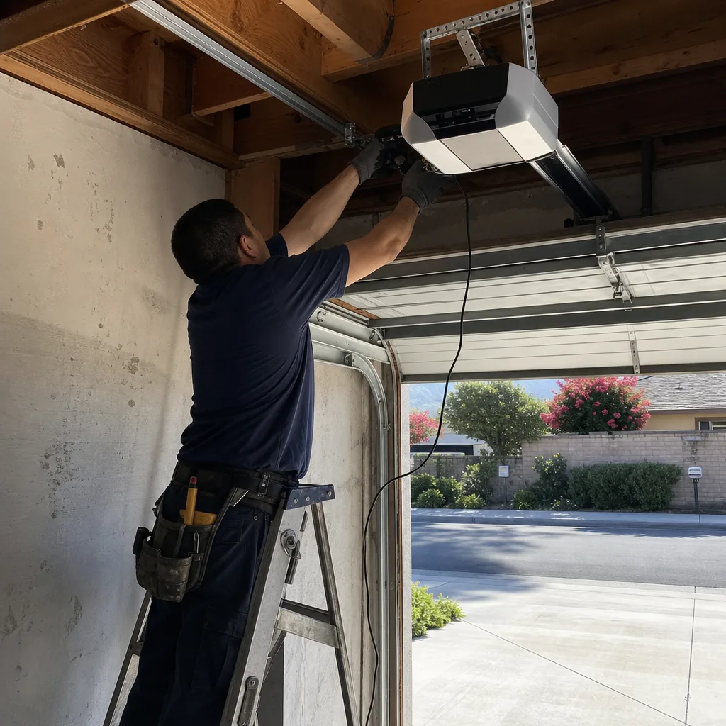Technician performing professional garage door opener repair and installation