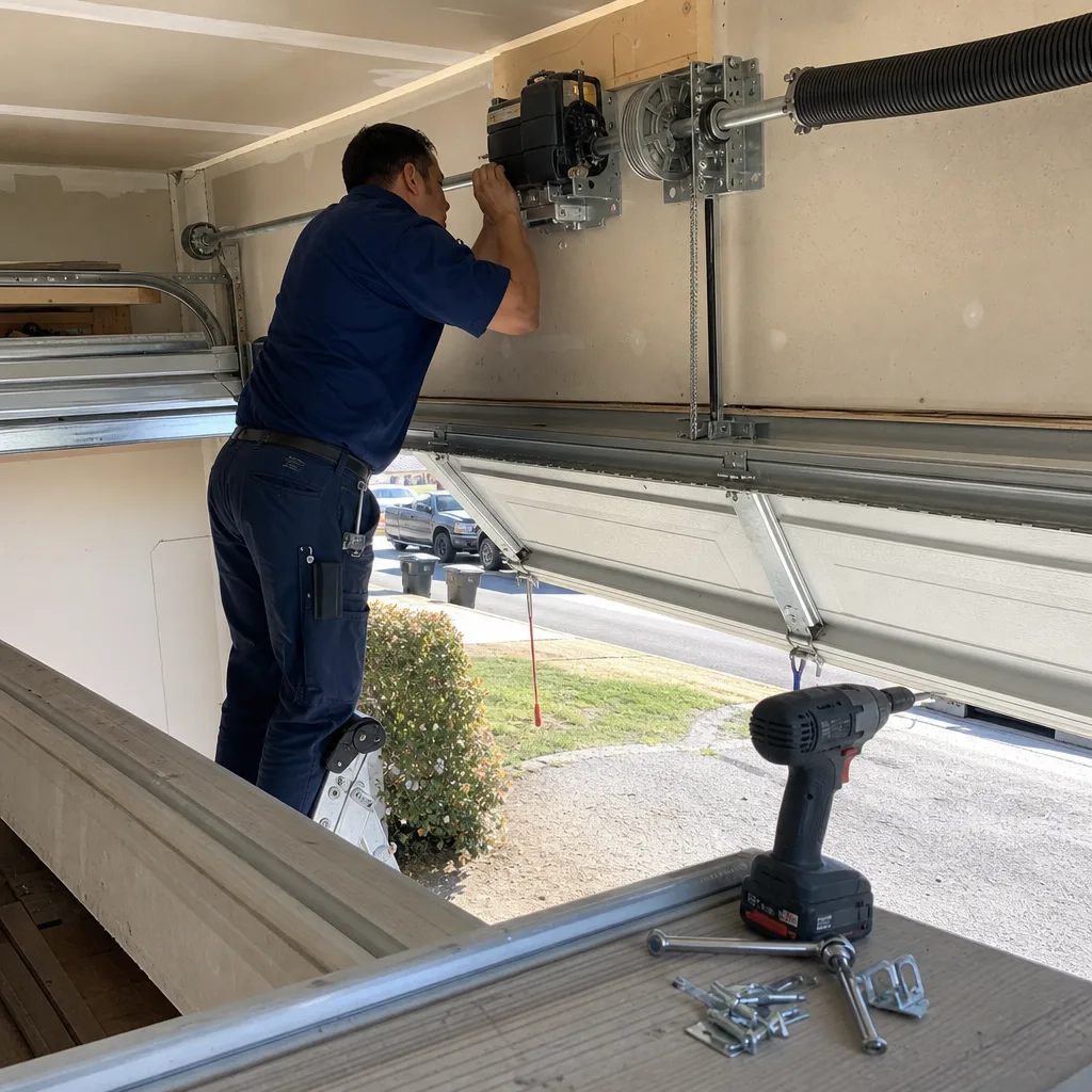 Technician performing professional garage door opener installation and repair service.