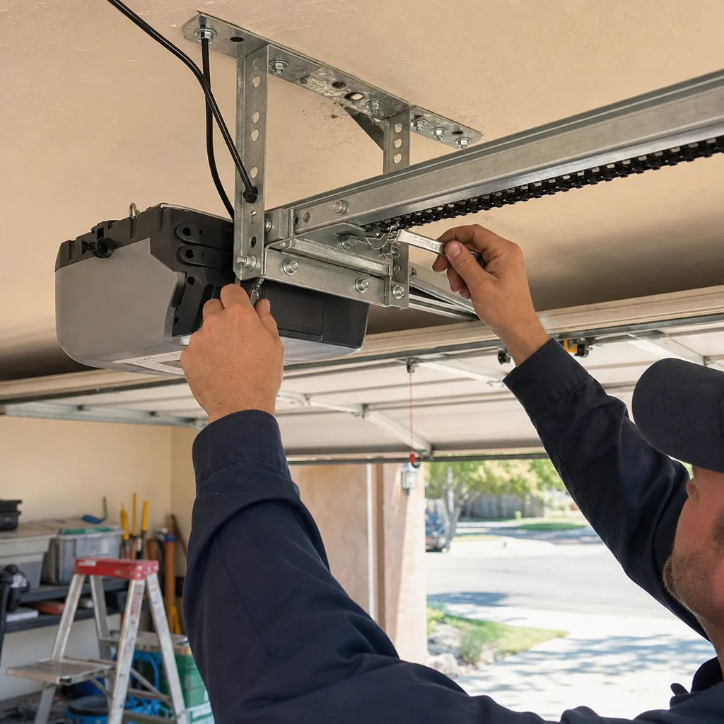 Technician performing professional garage door opener repair and installation