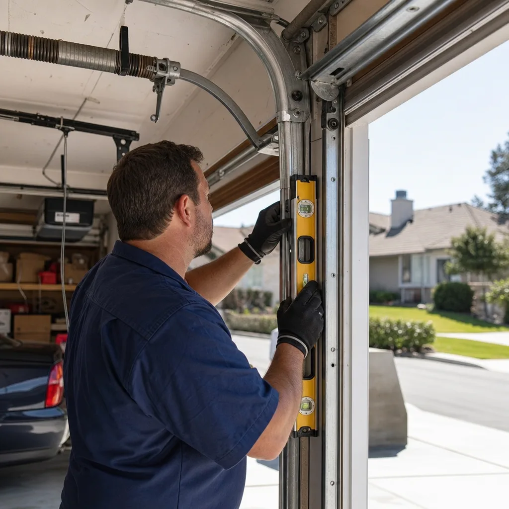 Technician checking garage door track alignment with a level