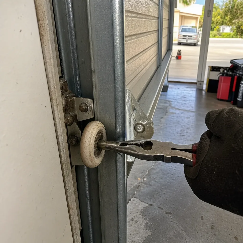 Technician using pliers to perform professional garage door roller repair