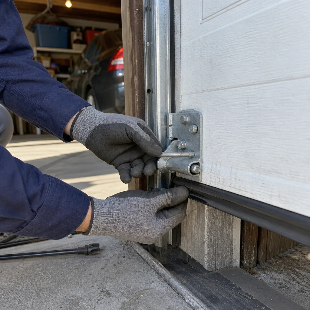 Technician repairing garage door hinge and weather seal nationwide