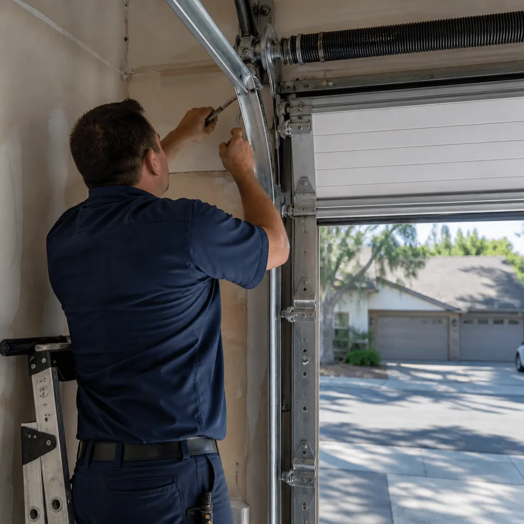 Technician performing professional garage door parts maintenance and repair. nationwide