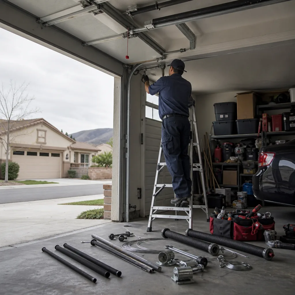 Technician performing garage door repairs with replacement parts in a garage nationwide